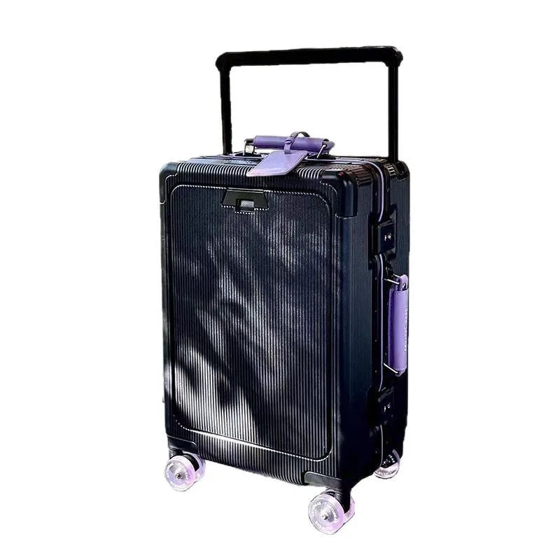 A 20-inch travel bag with a front opening, aluminum frame, roller skates, suitcase, handle, women's handbag and USB charging
