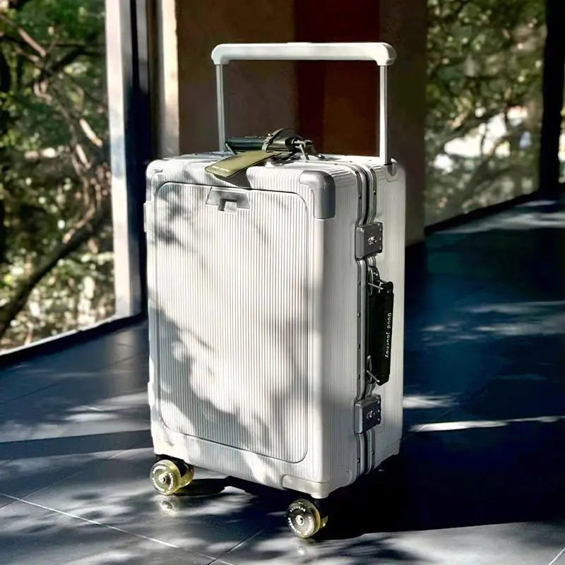A 20-inch travel bag with a front opening, aluminum frame, roller skates, suitcase, handle, women's handbag and USB charging