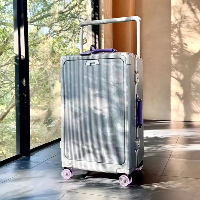 A 20-inch travel bag with a front opening, aluminum frame, roller skates, suitcase, handle, women's handbag and USB charging