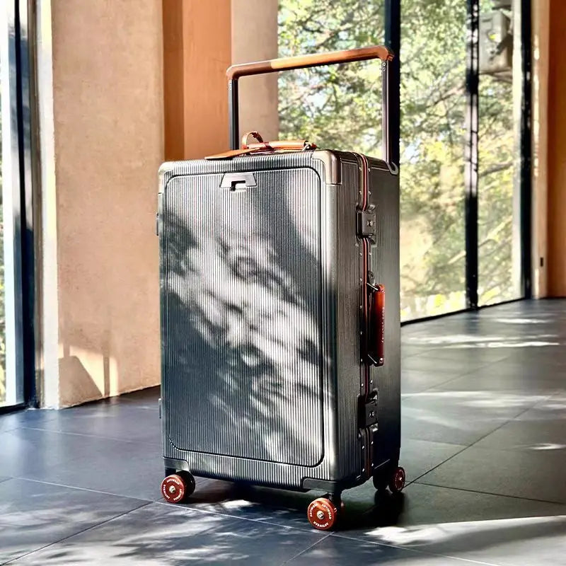 A 20-inch travel bag with a front opening, aluminum frame, roller skates, suitcase, handle, women's handbag and USB charging