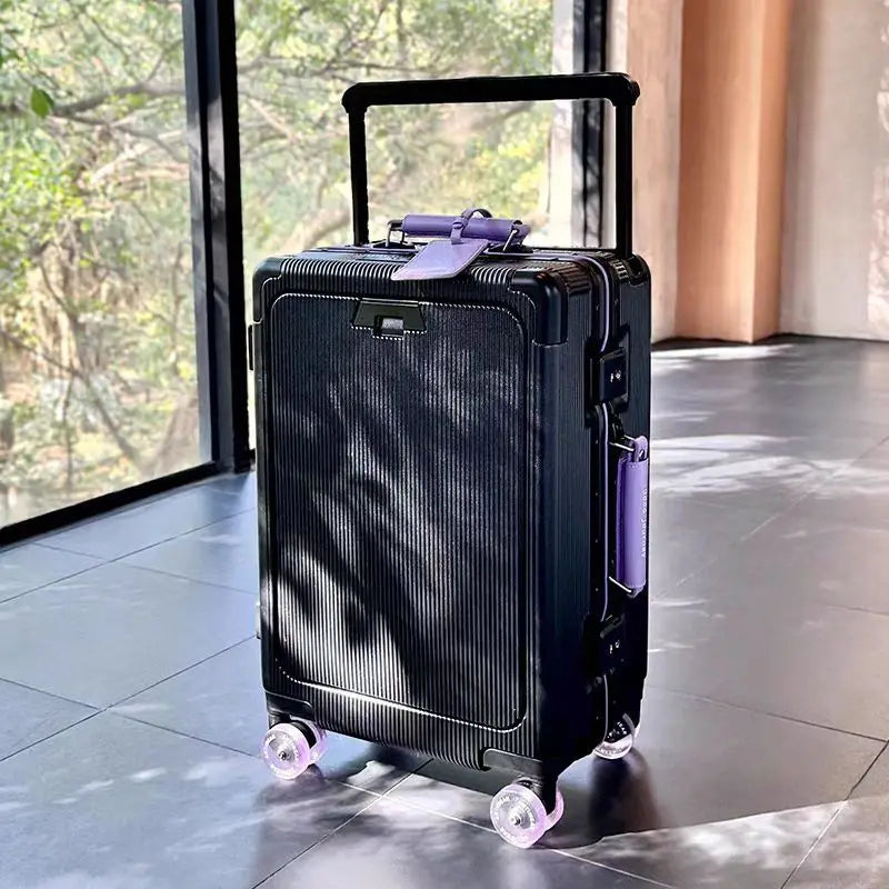 A 20-inch travel bag with a front opening, aluminum frame, roller skates, suitcase, handle, women's handbag and USB charging