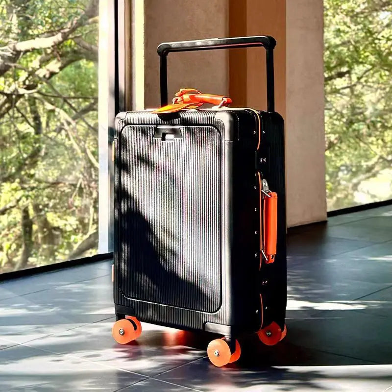 A 20-inch travel bag with a front opening, aluminum frame, roller skates, suitcase, handle, women's handbag and USB charging