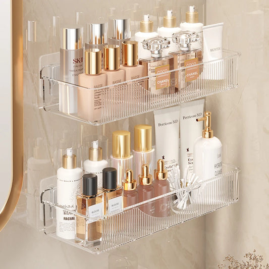 Wall mounted cosmetic and skincare storage rack for bathroom no need for drilling Multi functional kitchebathroom storage rackra