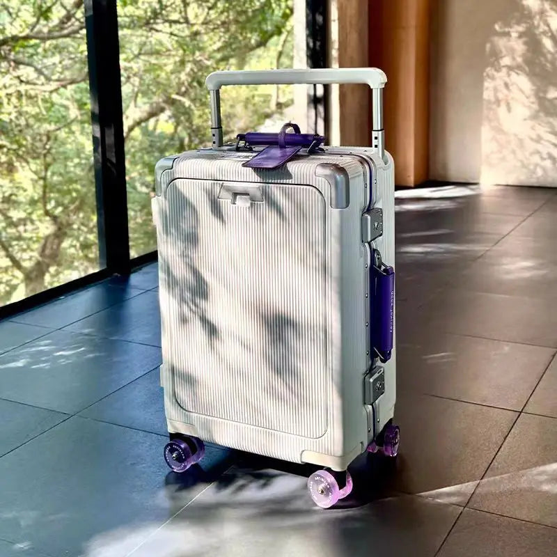A 20-inch travel bag with a front opening, aluminum frame, roller skates, suitcase, handle, women's handbag and USB charging