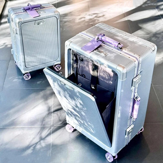 Front Opening Pocket Rolling Luggage Aluminum Frame Wide Handle Trolley Suitcase with Upgrade Silent Wheel USB Charging Plug TSA