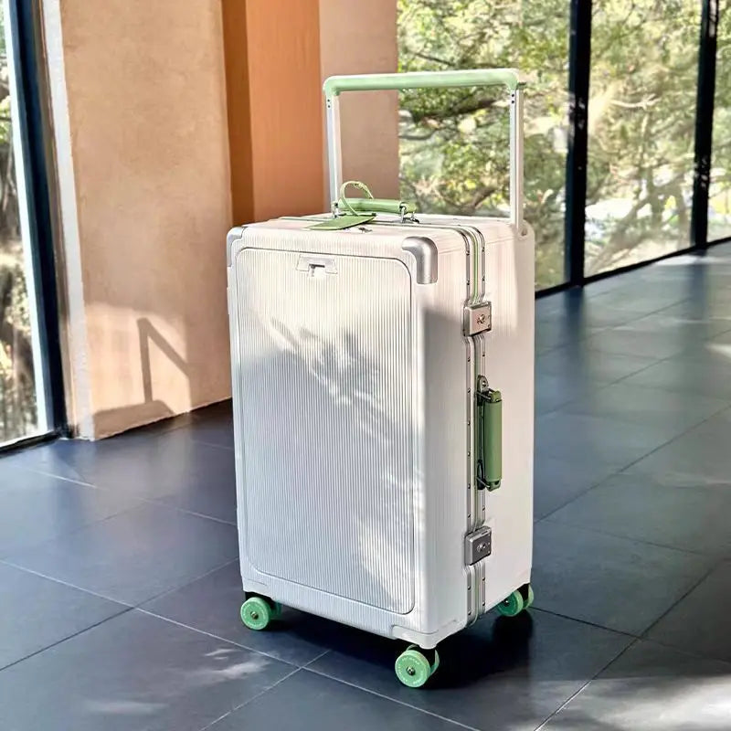 A 20-inch travel bag with a front opening, aluminum frame, roller skates, suitcase, handle, women's handbag and USB charging