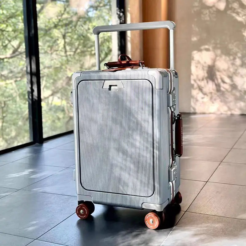 A 20-inch travel bag with a front opening, aluminum frame, roller skates, suitcase, handle, women's handbag and USB charging