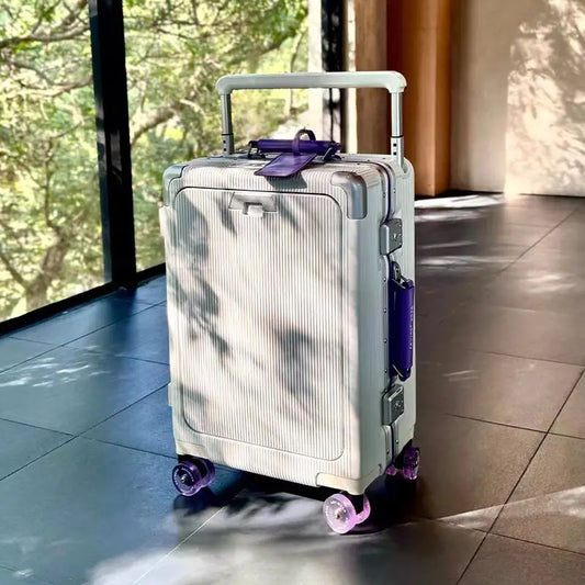 A 20-inch travel bag with a front opening, aluminum frame, roller skates, suitcase, handle, women's handbag and USB charging